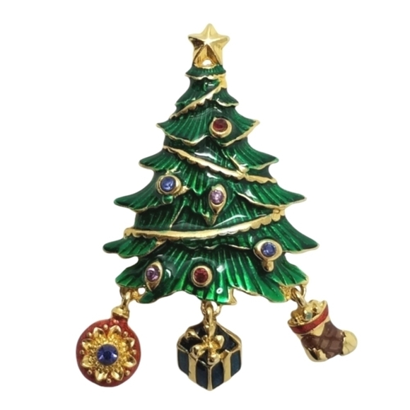 Christopher Radko Jewelry - Vtg Christopher Radko Christmas Tree Pin Brooch Signed Dangle Enamel Rhinestone